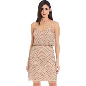 Adrianna Papell Art Deco Beaded Mesh Blouson Mini Dress SZ 8